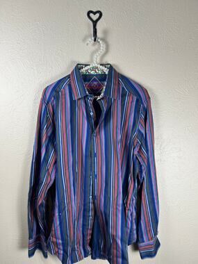 Robert Graham Size Medium Button Up Shirt Flip Cuff Contrasting Colorful Stripes
